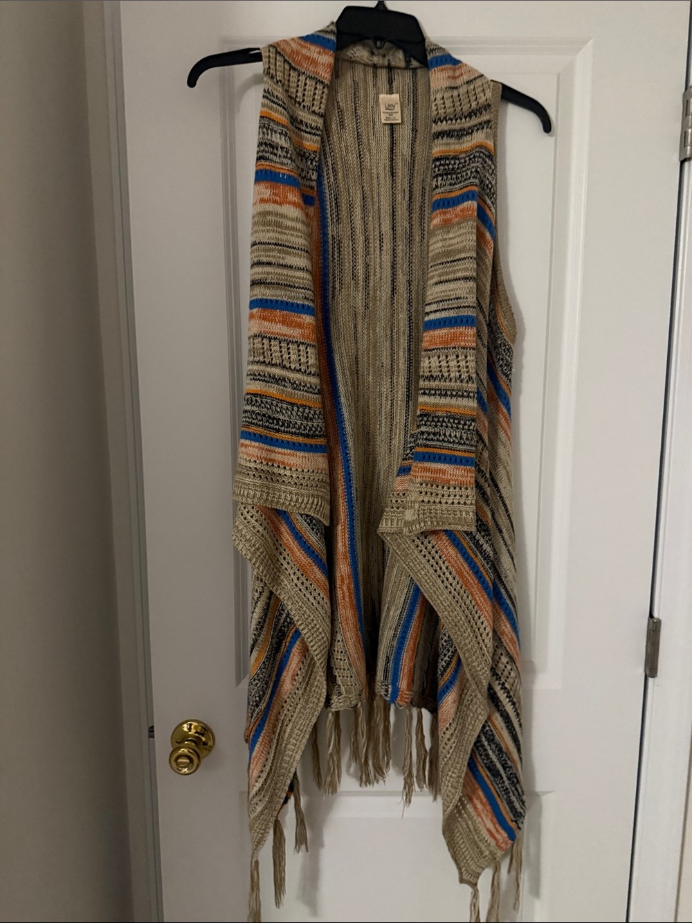 Beige Multi-Stripe Open Front Fringe Vest